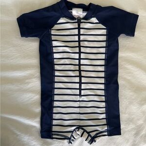 Hanna Andersson Swim suit 6-12 mo Navy & White Striped Front-Zip